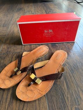 Coach Preppy Y2K Summer Women's Bronze Thong Sandals with Gold Accent size 7.5